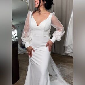 Azazie White Sheath Wedding Dress with Sheer Puff Sleeves